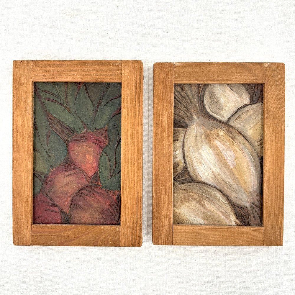 Vtg Folk Art Clay Relief Plaques Beet Onion Vegetable Kitchen Wall Art Pair